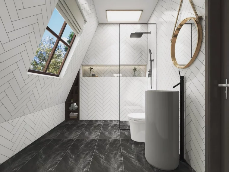 salle de bain mansardеe carrelage blanc moderne motifs geometriques douche