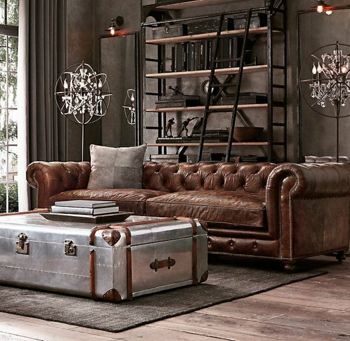 salon-cuir-marron-foncé-table-valise-moderne-solution-mur-marron-étagère-en-fer