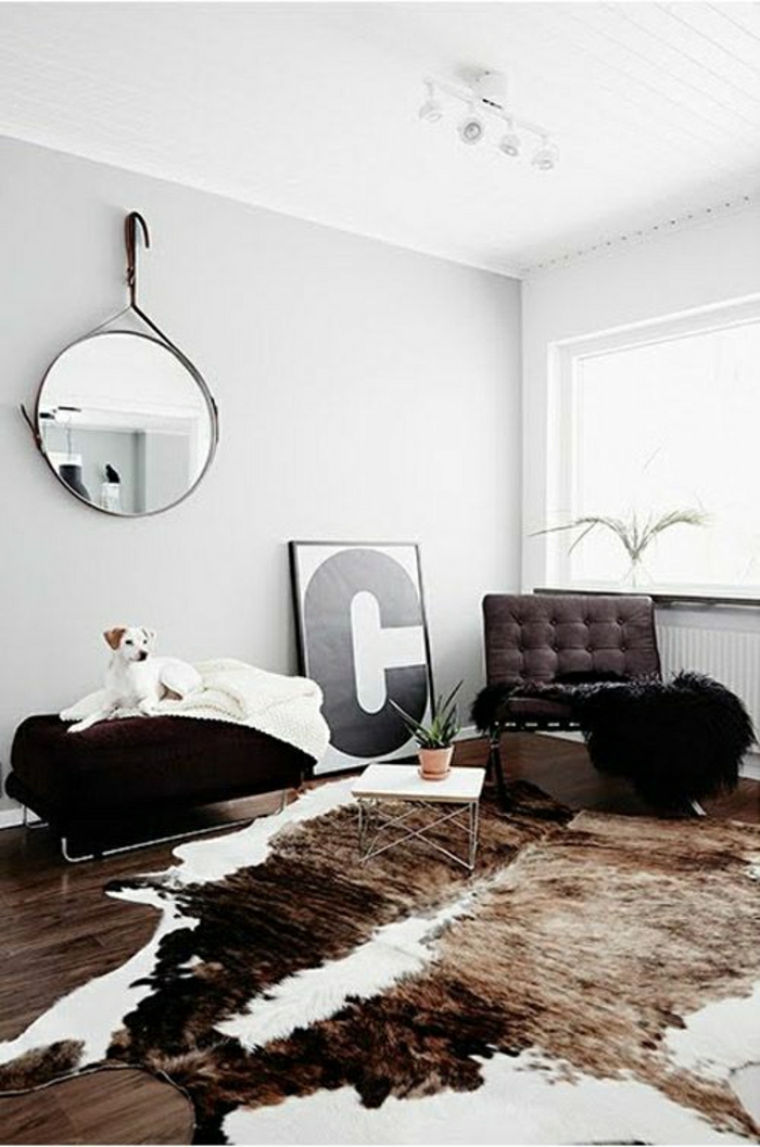 vaste-salon-tapis-cuir-chien-miroir-décoratif-murs-blancs-fenetre-pleine-de-lumière