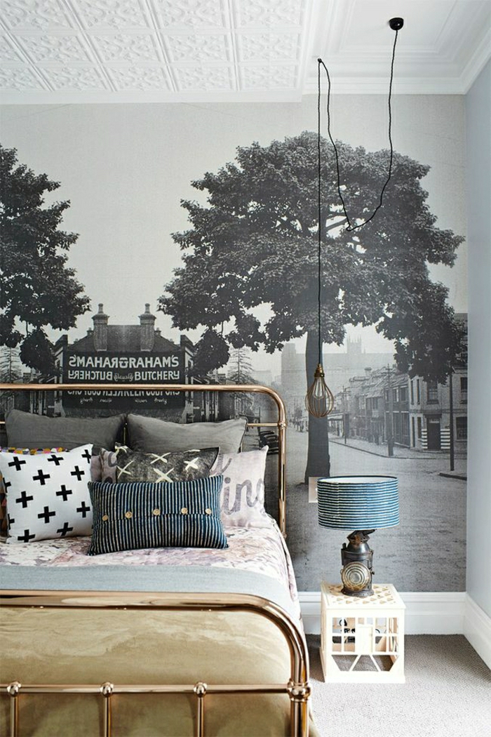 chambre-ado-fille-idée-créative-lit-de-fer-peinture-sur-mur-photo-image-muraux