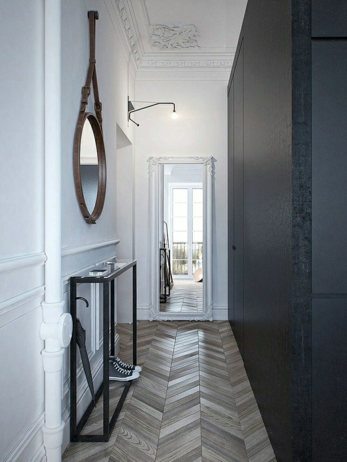1-console-d-entrée-meubles-d-entrée-couloir-avec-mur-noir-sol-en-parquet-bois-massif