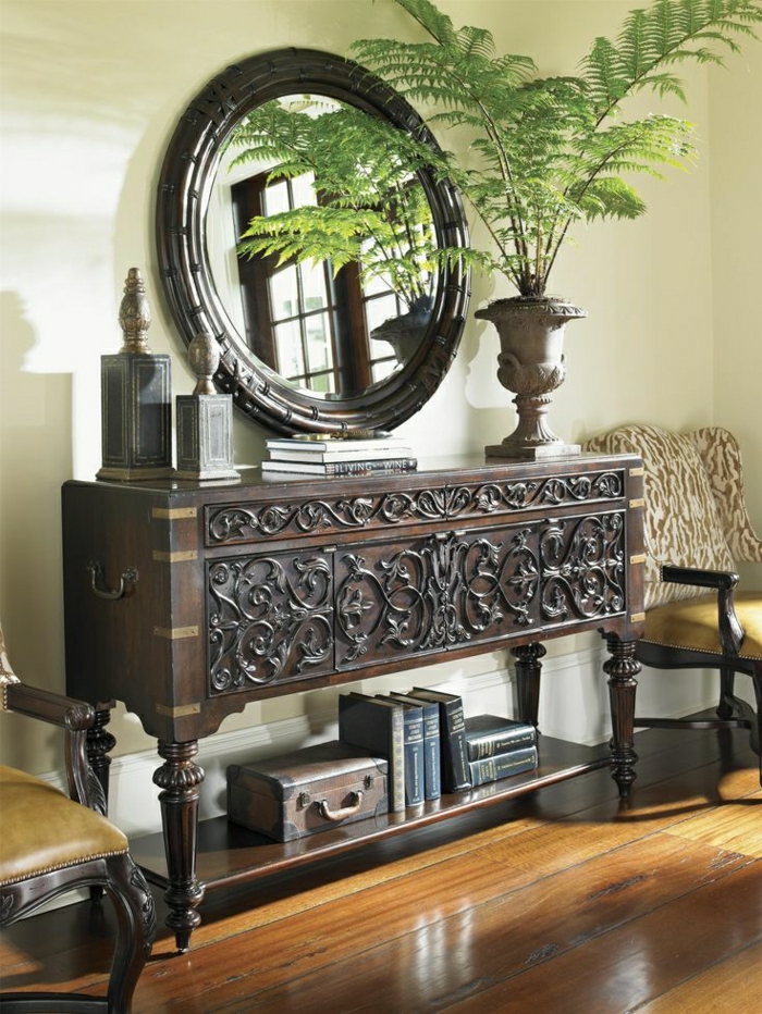 1-ikea-meuble-d-entrée-console-bois-foncé-marron-miroir-plante-verte-aménagement-baroque