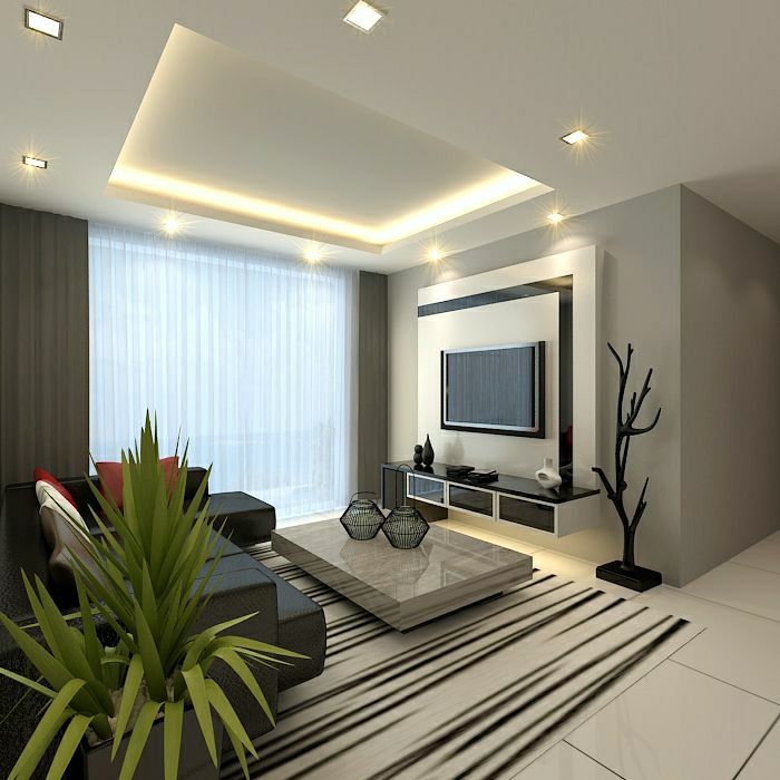 1-salon-design-élégant-meuble-tv-en-bois-tapis-carrelage-blanc-beige-plante-verte