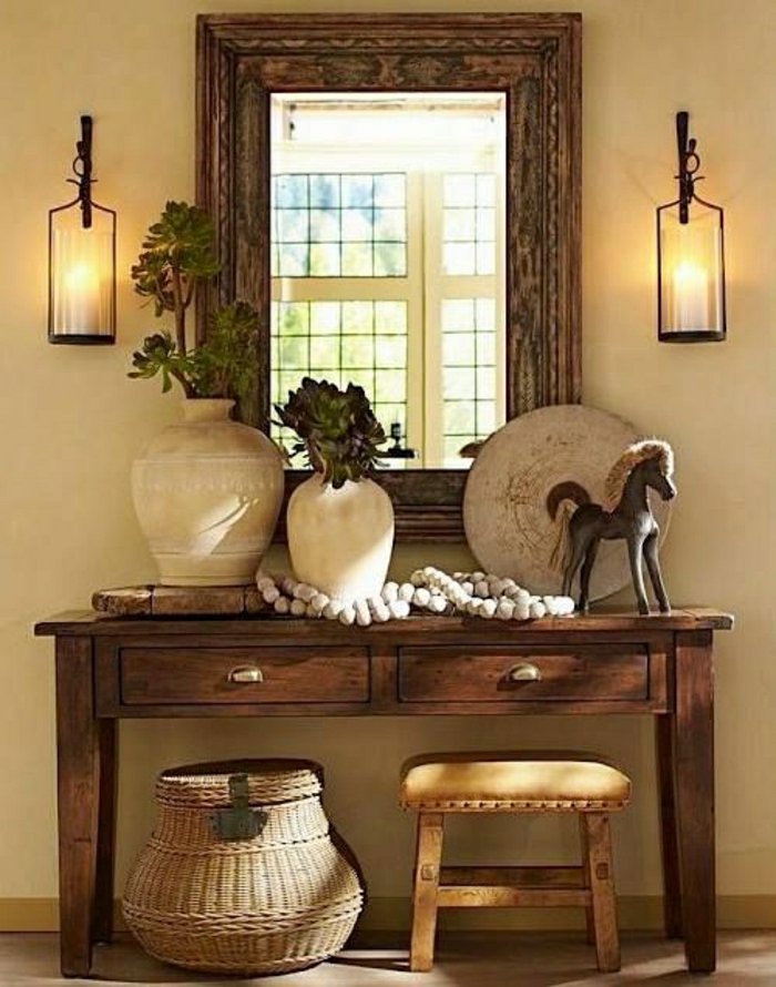 console-d-entrée-de-style-rustique-en-bois-fleurs-miroir-chaise-basse-en-bois
