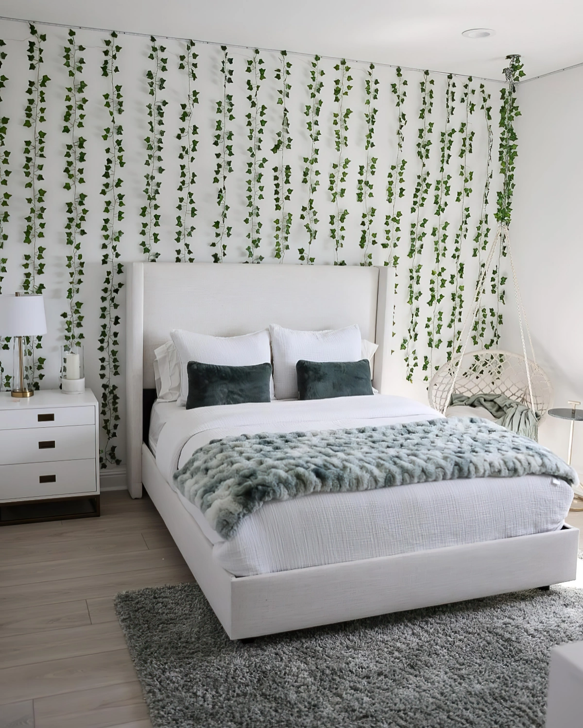 decoration murale chambre avec guirlande feuilles vertes led tete de lit tissu