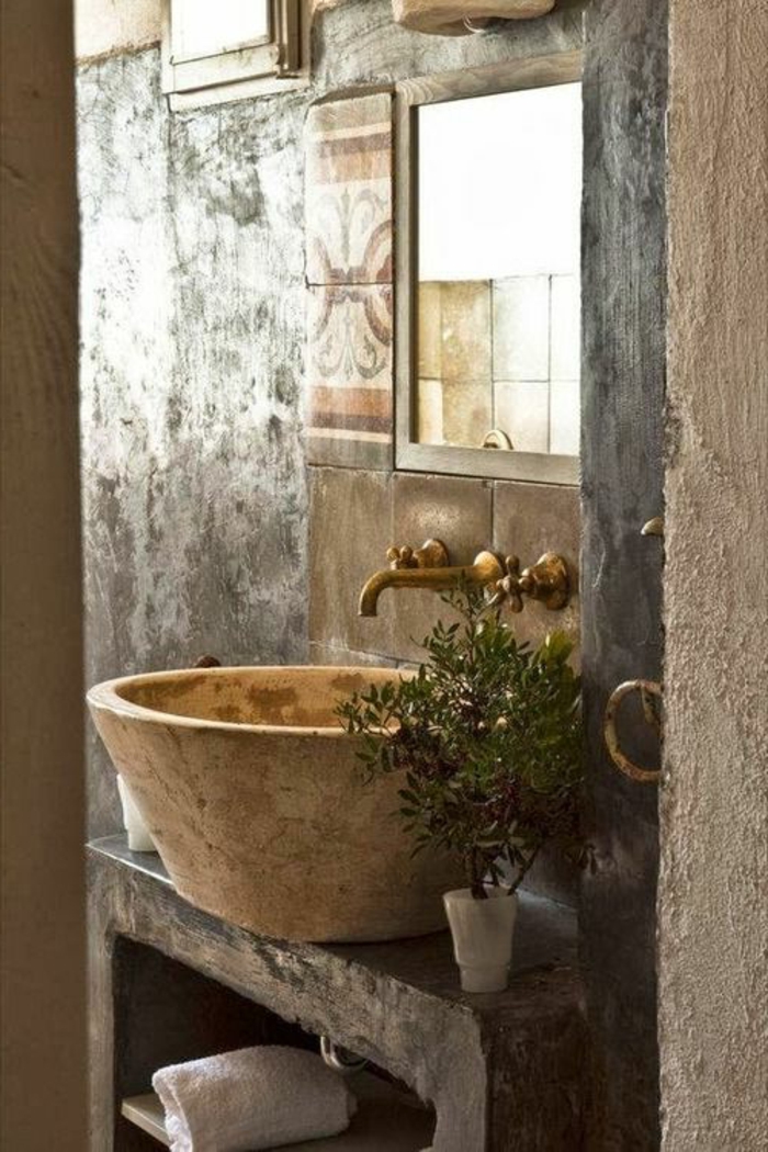 lavabo-retro-salle-de-bain-rustique-objet-salle-de-bain-rétro-salle-de-bain-plante-verte