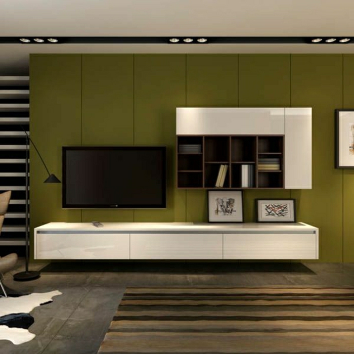 meuble-design-laqué-tv-mur-vert-tapis-peau-animal-sol-gris-chambre-de-séjour