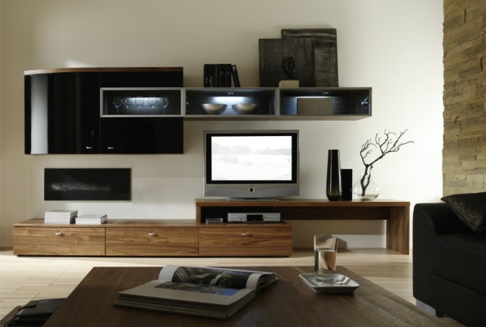 meuble-tv-bois-meuble-tv-teck-salon-aménagement-moderne-mur-blanc