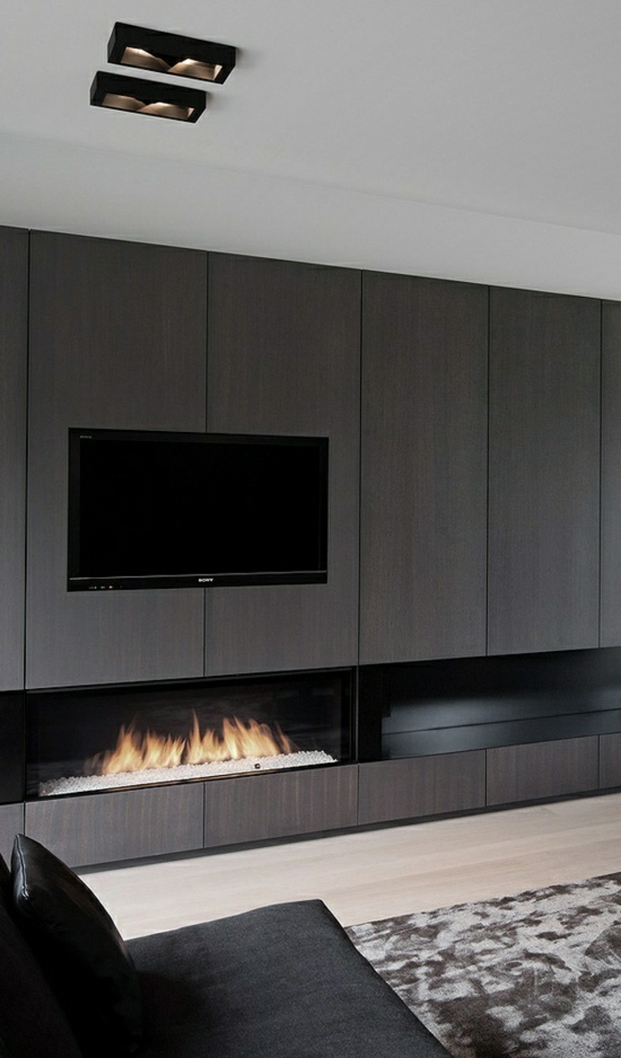 meuble-tv-design-blanc-cheminée-décorative-gris-décoration-gris-intérieur-gris-canapé-noir