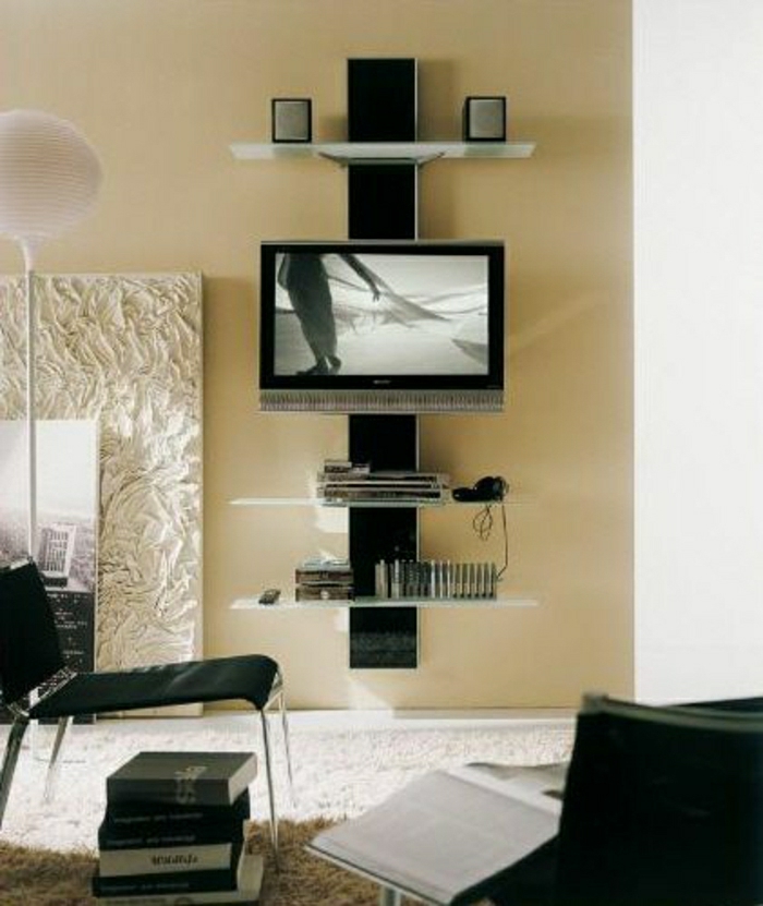 meuble-télé-insolite-tapis-beige-mur-beige-fauteuil-noir-salon-design-moderne