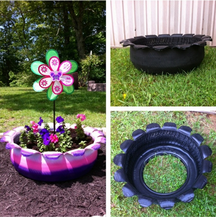 pneu-recyclage-originale-idée-pot-de-fleurs-coloré-de-pneu