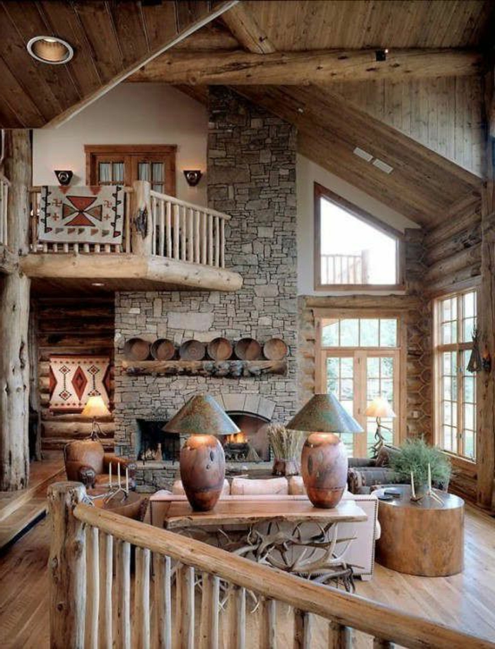 salon-bois-massif-meubles-cheminée-d-intérieur-pierre-mur-escalier-en-bois