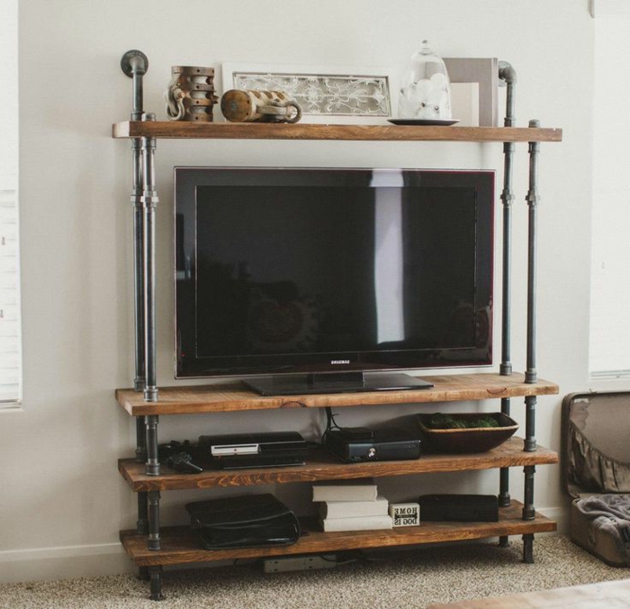 Le-meuble-tv-style-industriel-salle-de-séjour-étagère-bois-et-fer
