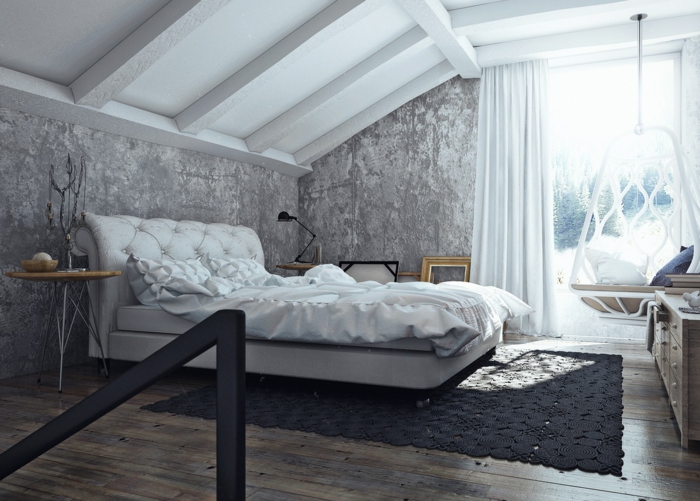 Salle-de-séjour-déco-industrielle-meubles-lit-couverture-blanc