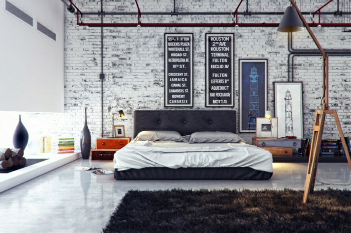aménagement-meuble-style-industriel-chambre-à-coucher-briques-blancs
