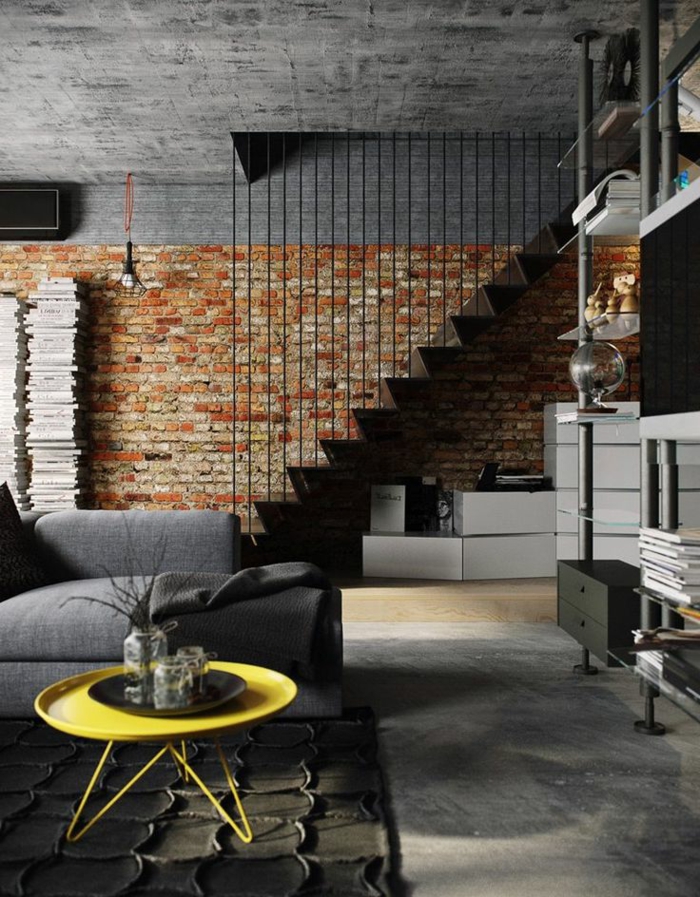 aménagement-meuble-style-industriel-sallon-avec-deux-etages-maisonnette-loft-briques