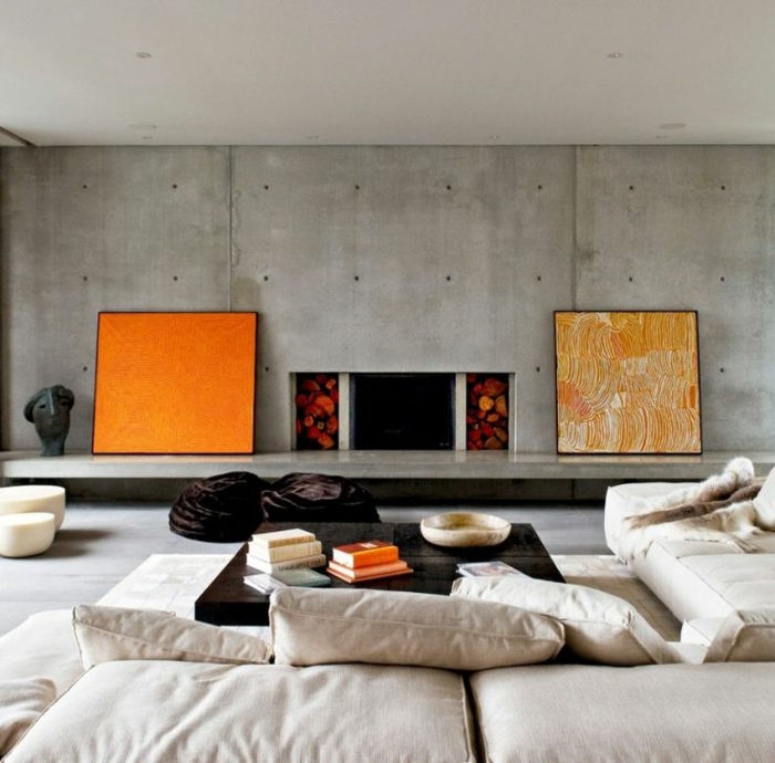 art-abstrait-intérieur-bohémien-béton-peintures-abstraites-oranges