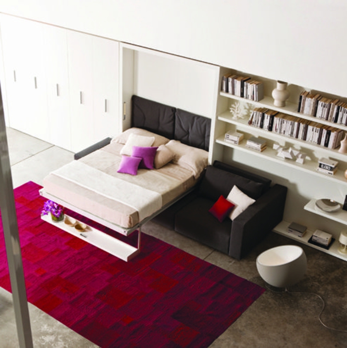 canapé-lit-ikea-meubles-chambre-a-coucher-lit-pliant-tapis-rouge