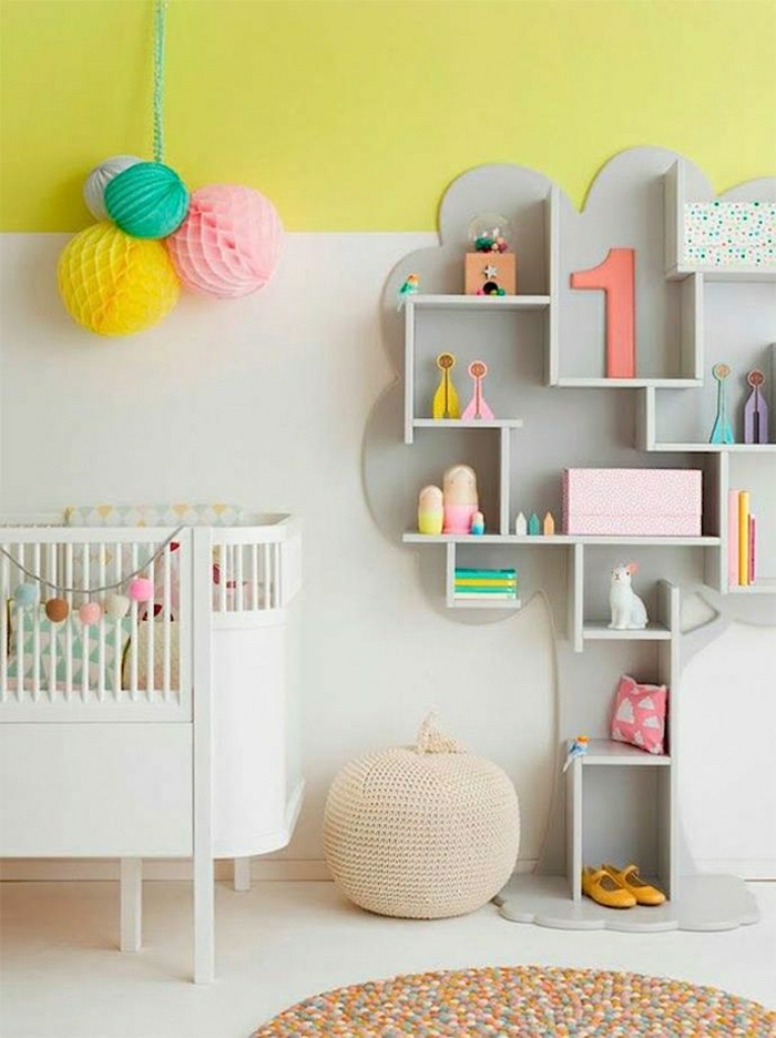 couleur-pastel-chambre-bébé-mur-jaune-bibliothèque-en-bois-gris-décoration-murale-couleur-pastel