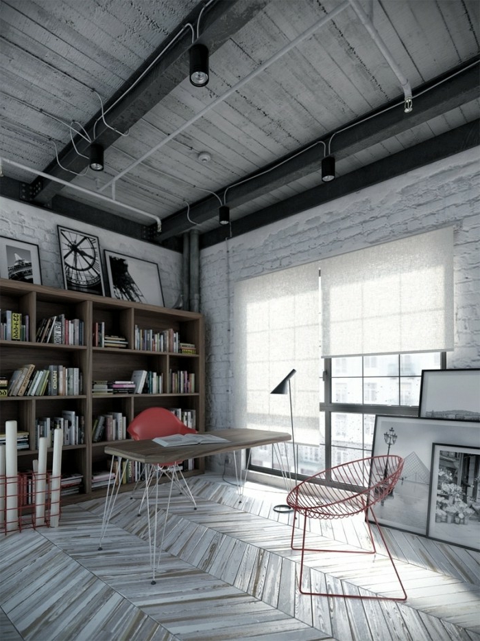des-meubles-style-industriel-idée-créative-gris-moderne-bibliothèque-chaise-bureau