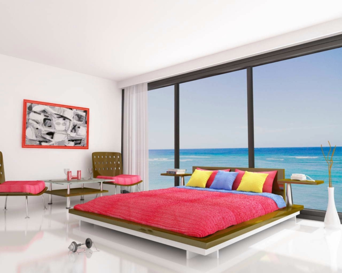 feng-shui-chambre-à-coucher-sol-en-lin-blanc-peinture-murale-couverture-de-lit-rouge