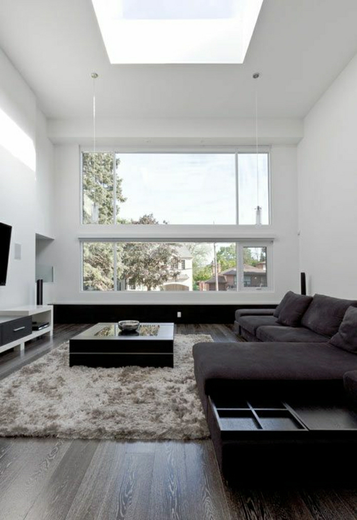 petite-table-basse-noire-sol-en-parquet-tapis-beige-gris-canapé-noir-murs-blancs-salon-moderne