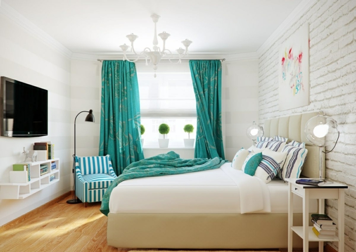 rideaux-occultants-de-couleur-turquoise-chambre-à-coucher-moderne-mur-de-briques-blancs