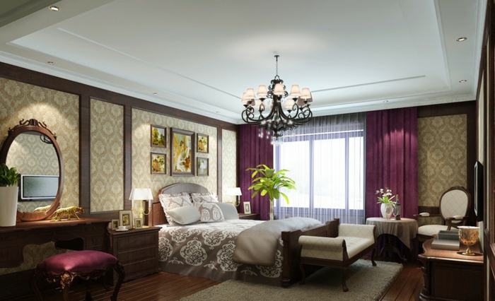 rideaux-occultants-violets-lustre-baroque-chambre-à-coucher-de-style-baroque