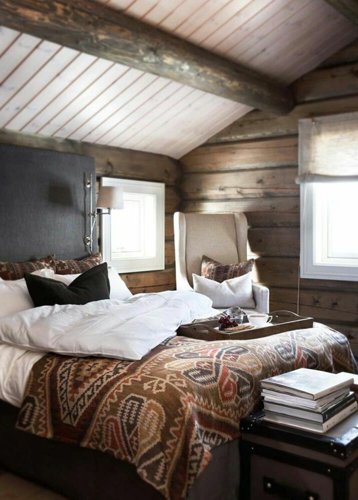 1-chambre-à-coucher-sous-pente-linge-de-lit-couverture-de-lit-marron-mur-en-planchers