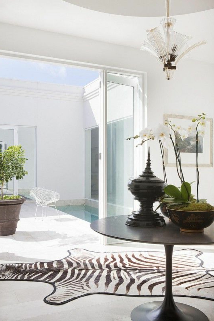 1-un-intérieur-blanc-tapis-à-rayures-blanches-noirs-plantes-vertes-vaste-maison-avec-piscine