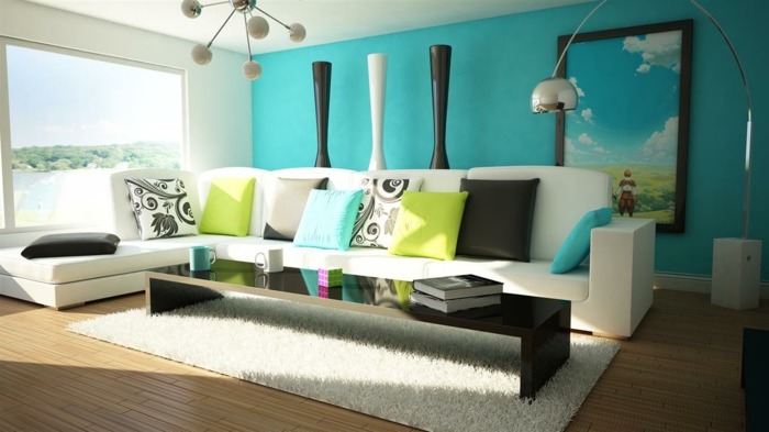 canapé-blanc-tapis-blanc-parquette-en-bois-mur-bleu-salon-moderne-lustre-décoratif