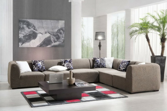canapé-marron-tapis-coloré-salon-moderne-table-basse-en-bois-foncé-meubles-d-intérieur