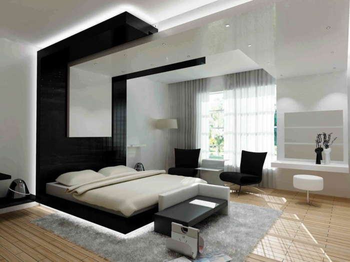 lumière-sous-le-lit-tapis-gris-parquette-clair-en-bois-fenetre-grande-rideaux-gris-chaises-noires
