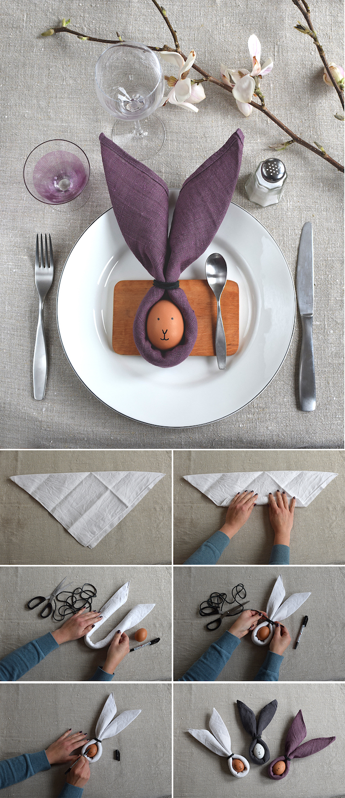 modele pliage serviette paques original avec un oeuf au centre d une serviette de tissu violet, blanc et gris foncé