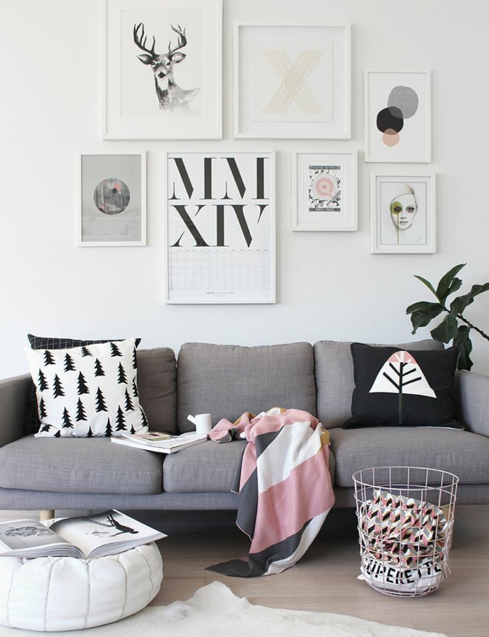 coussins-design-salon-ou-chambre-à-coucher-canapé-gris-panneaux-hipster