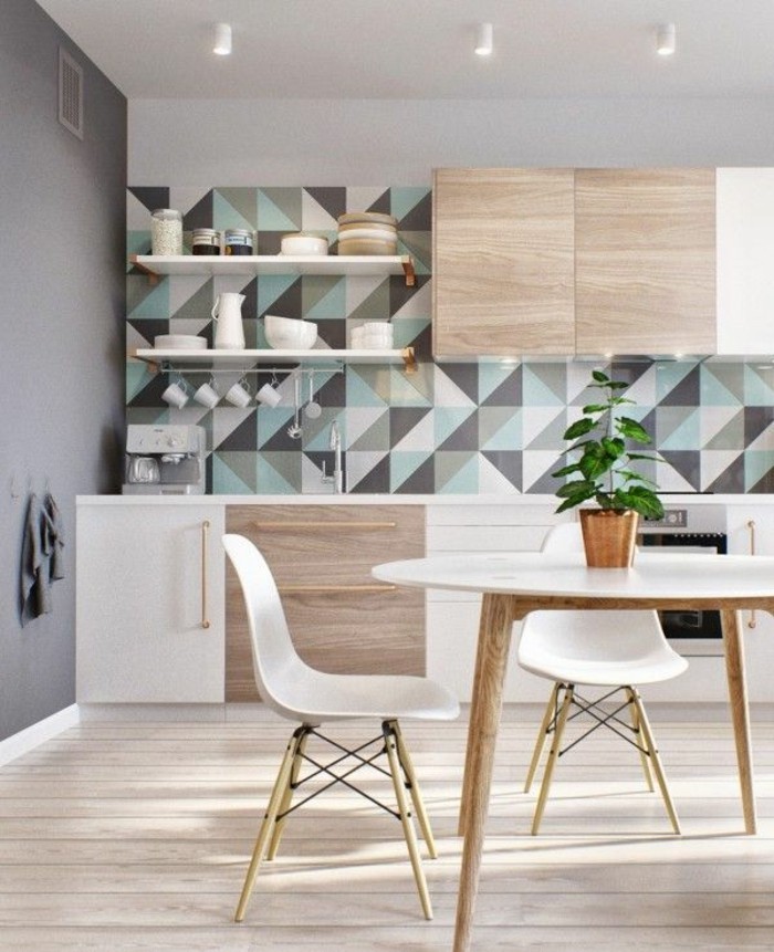 1-jolie-cuisine-scandinave-avec-papier-peint-géométrique-dans-la-salle-à-manger