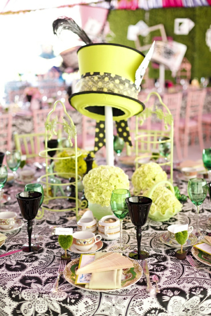 Les-personnages-Alice-au-pays-des-merveilles-disney-décoration-table-de-mariage-vert-jaune-chapeau-folle-beau