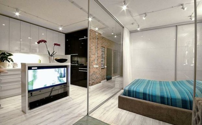 cloison-en-verre-décoration-moderne-d'espace-cuisine-et-chambre-à-coucher