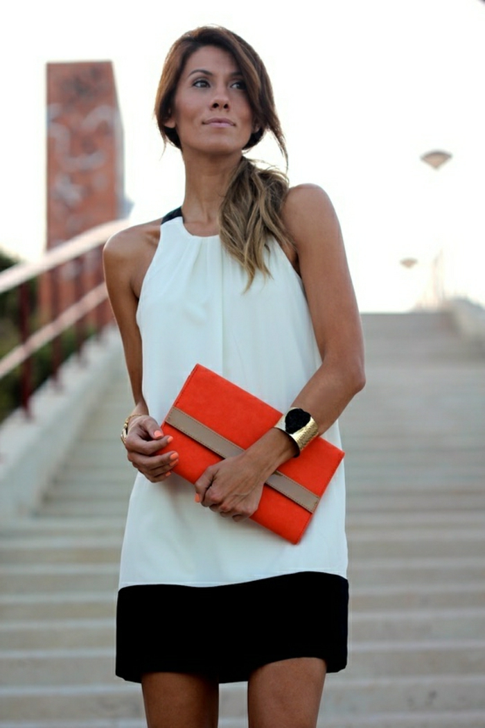 jolie-robe-de-soirée-courte-blanche-et-noire-pour-les-filles-modernes-avec-sac-a-main-orange