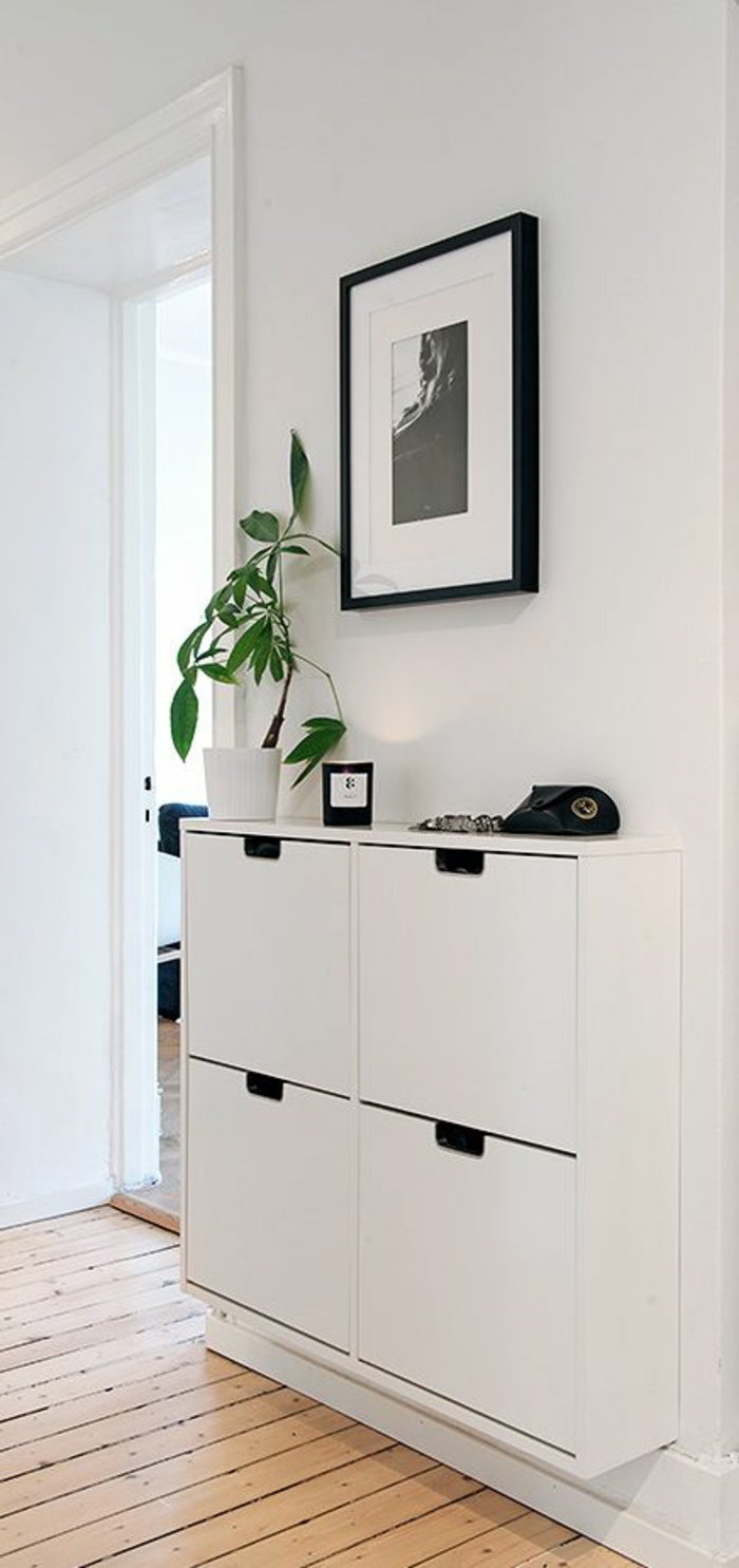 meuble-en-bois-de-couleur-blanc-pour-le-couloir-avec-murs-blancs-et-peintures-murales