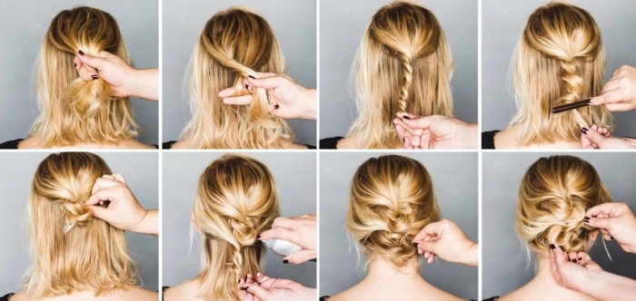 tutoriel coiffure cheveux mi longs, pas à pas coiffure cheveux attachés, comment faire un chignon bas loose avec mèches torsadées, exemple comment attacher ses cheveux mi long