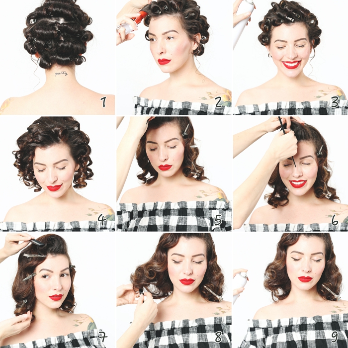 rétro-ondulations-tuto-coiffure-facile-keikolynnbsreh-cheveux-lâchés-style-vintage-maquillage-rouge-à-lèvres-rouge-mate diy coiffure facile et rapide, pas à pas pour faire des boucles rétro, tutoriel cheveux lâchés en ondulations rétro