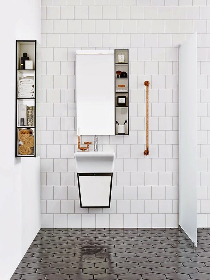 évier-céramique-salle-de-bains-unique-carreaux-hexagonaux-et-petit-lavabo-blanc