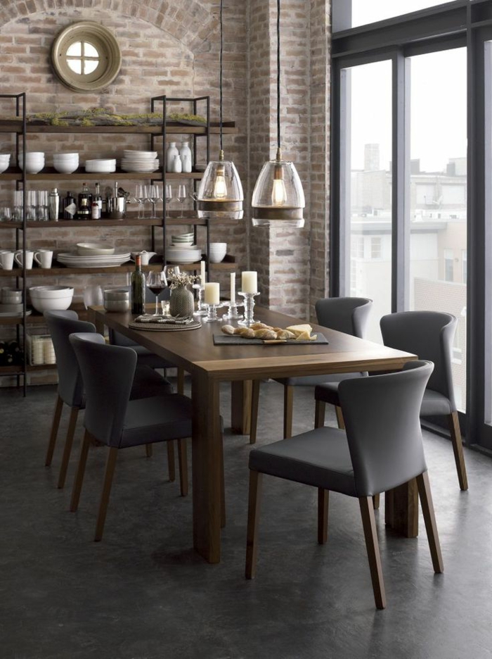 1-jolie-salle-à-manger-contemporaine-avec-chaises-contemporaines-salle-mange-gris-avec-mur-de-briques-et-table-en-bois-massif