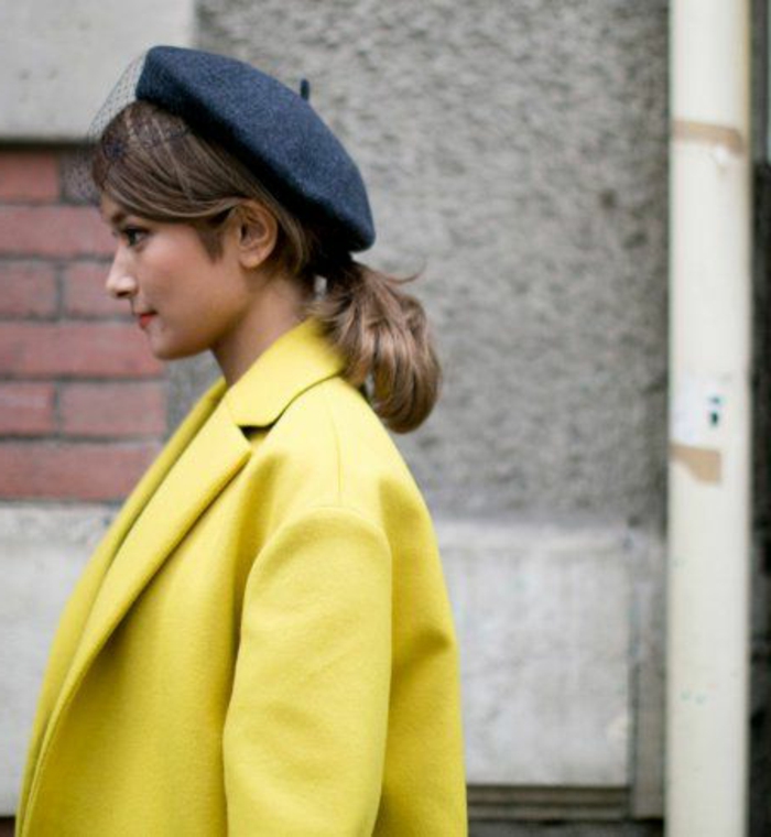 2-la-beauté-de-béret-femme-modenre-manteau-jaune-chapeau-gris-cheveux-courts-manteau-jaune