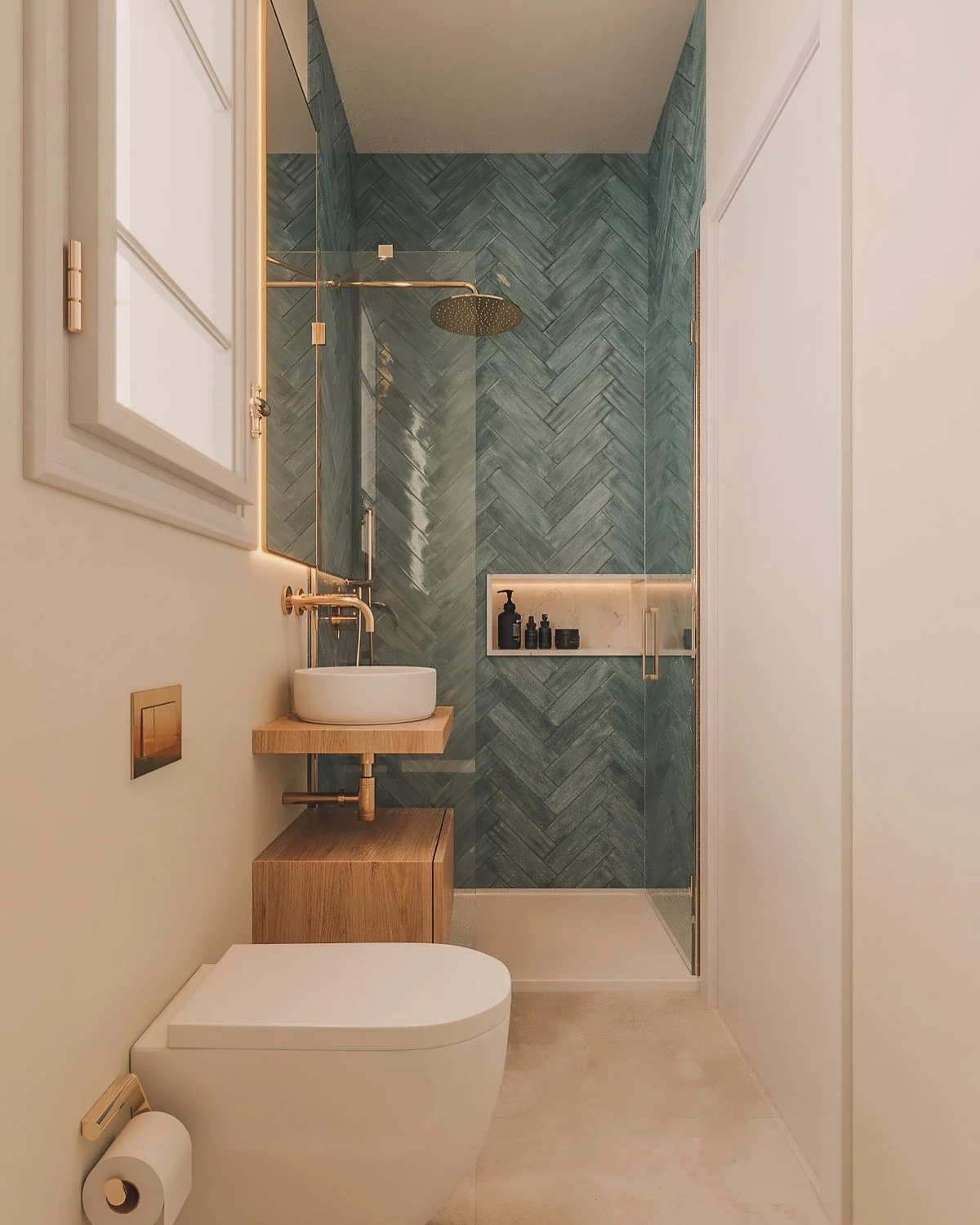 carrelage vert bleu niche murale meuble bois clair cuvette wc