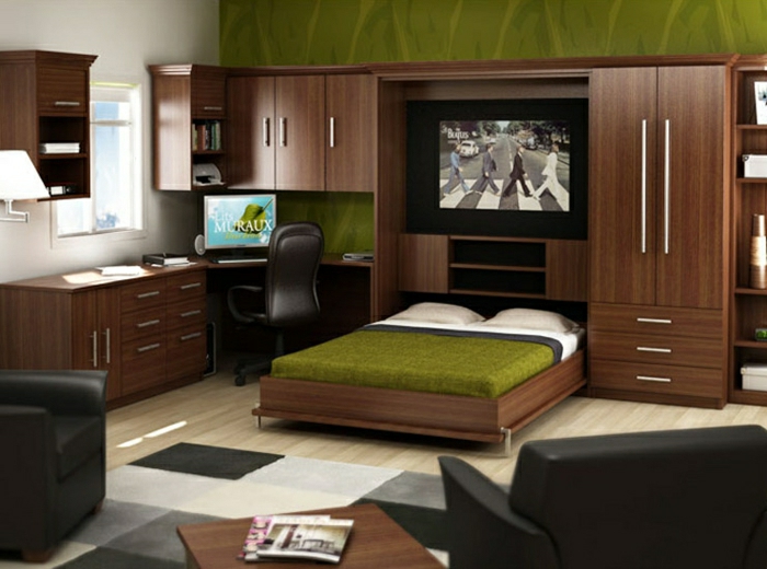 aménagement-chambre-à-coucher-lit-abatable-lit-relevable-bois-et-vert