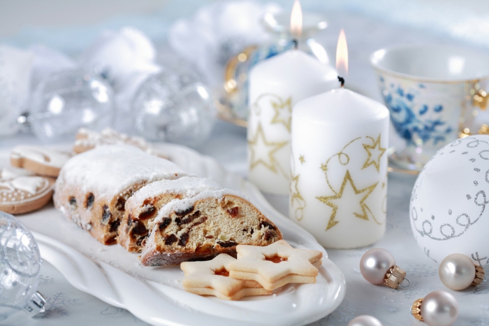 Still life with delicious Christmas cake and cookies