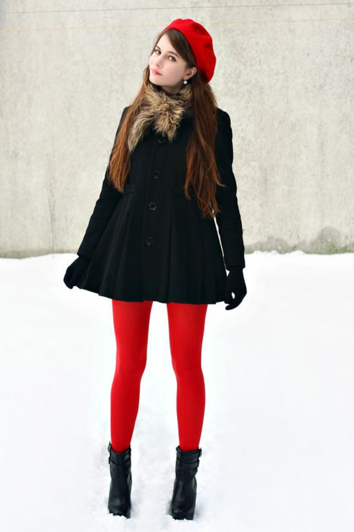 béret-casquette-rouge-manteau-noir-pour-les-filles-modernes-cheveux-longs-marrons