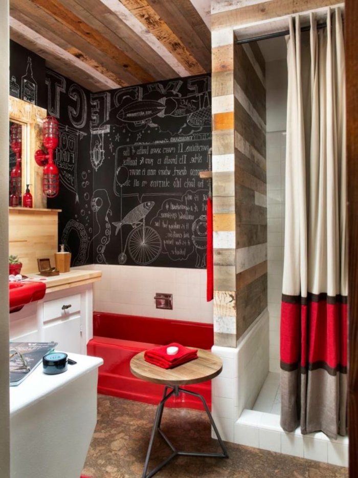 carré-salle-de-bain-imitation-bois-panneau-décoratif-en-bois-idée-déco-salle-de-bain-rouge-originale